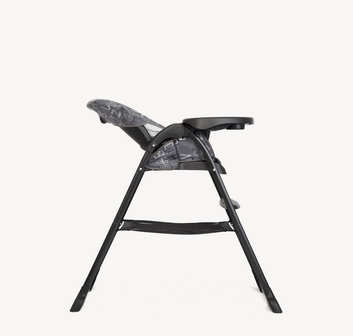 Joie Mimzy Snacker high chair in ABC Charcoal with padded seat and adjustable tray for feeding and seating infants.
