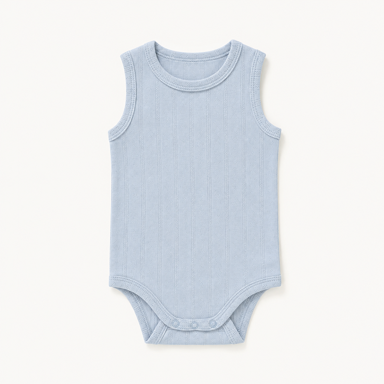 Haven Pointelle Vest in Misty Blue, laid flat
