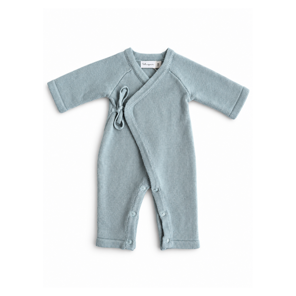 Knitted baby kimono romper in Misty Blue, newborn size, from Bubbadue, soft and cozy for baby and toddler wear.