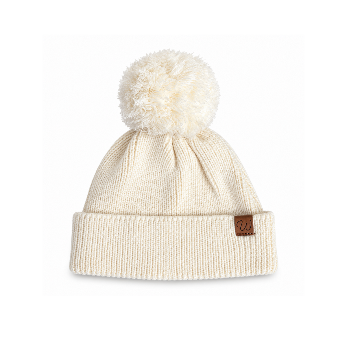 Cream rib-knit baby beanie with pom-pom and leather W tag