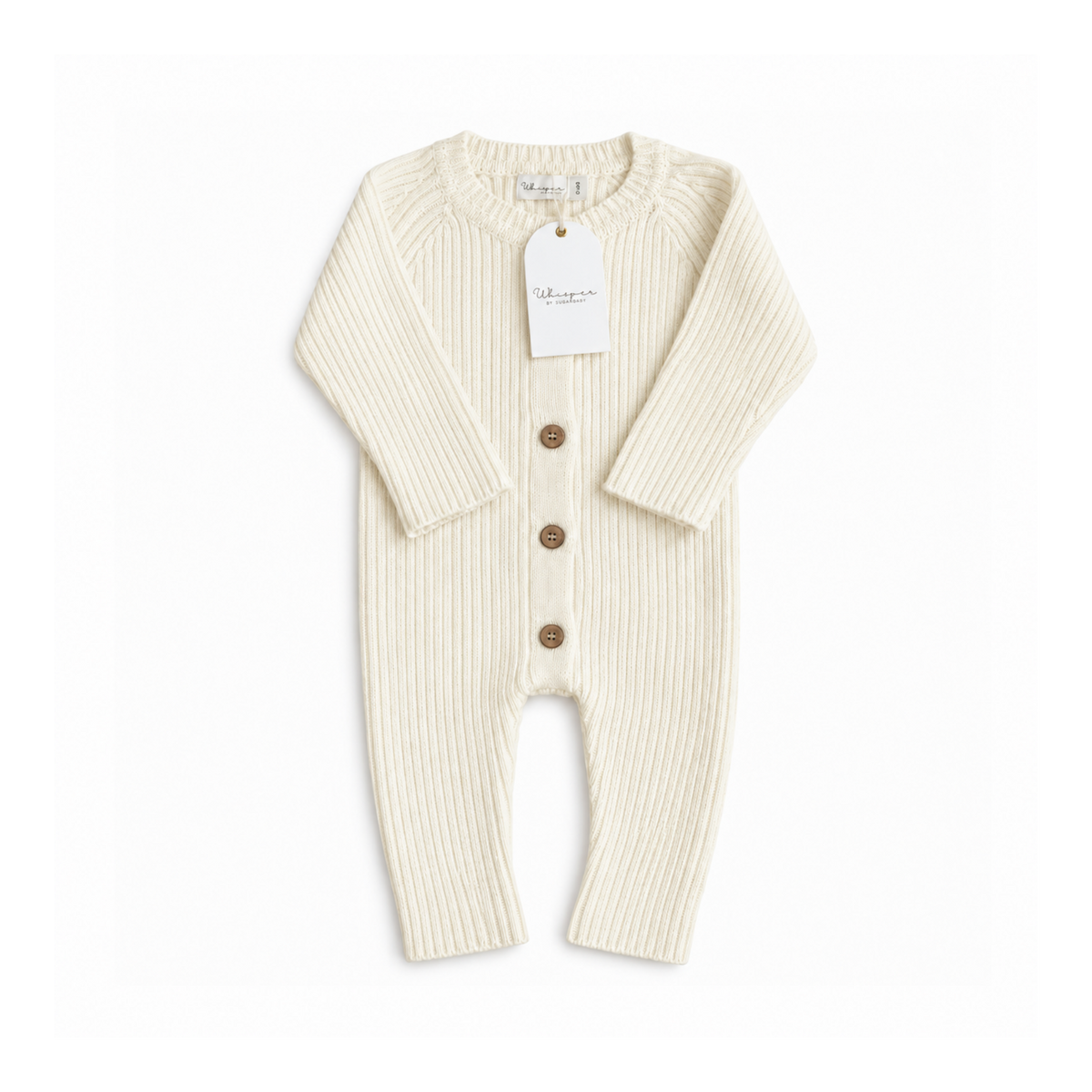 Cream knitted ribbed romper for babies and toddlers from Bubbadue, designed for ages 0-6 months, shown on a soft fabric background.