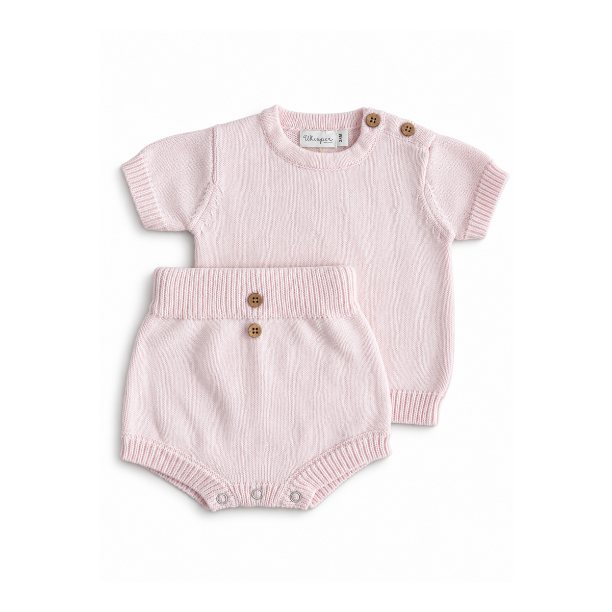 Baby and toddler knitted pale pink top and bloomers set by Bubbadue, featuring soft knit fabric and comfortable fit.