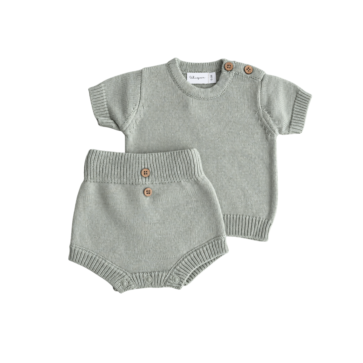 Baby and toddler knitted top and bloomer set in sage by Bubbadue, featuring a cozy, soft knit fabric with cute, comfortable design.