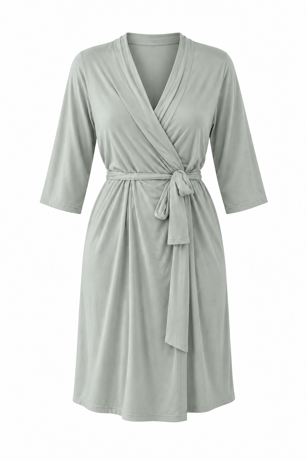 Mamadue Wrap Robe in Sage, front view with tie belt