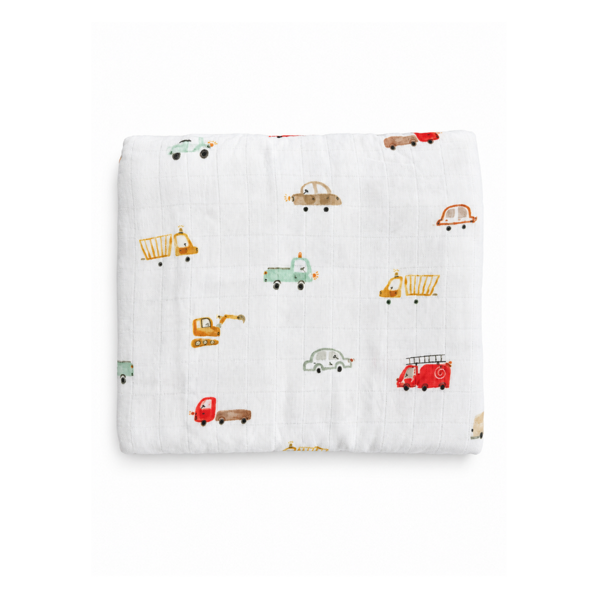 Bubbadue Busy Town baby muslin blanket with colorful urban scene, soft cotton fabric, ideal for gentle comfort.