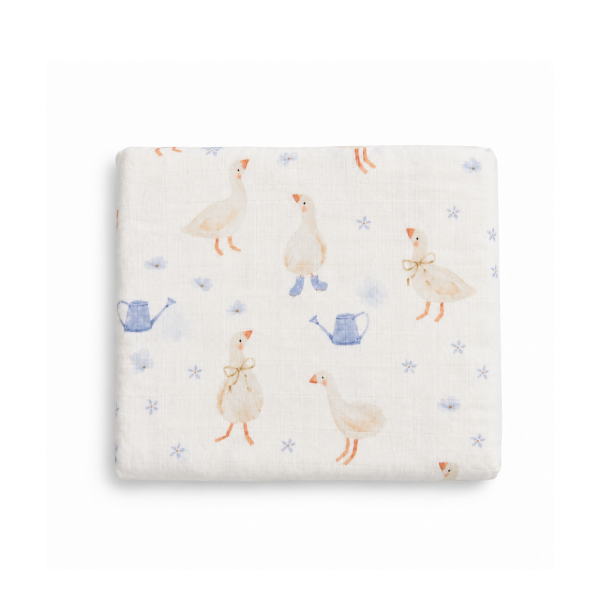 Soft Bubbadue Goosey Gander baby muslin blanket with a playful goose and gander print, ideal for cozy swaddling and gentle comfort.