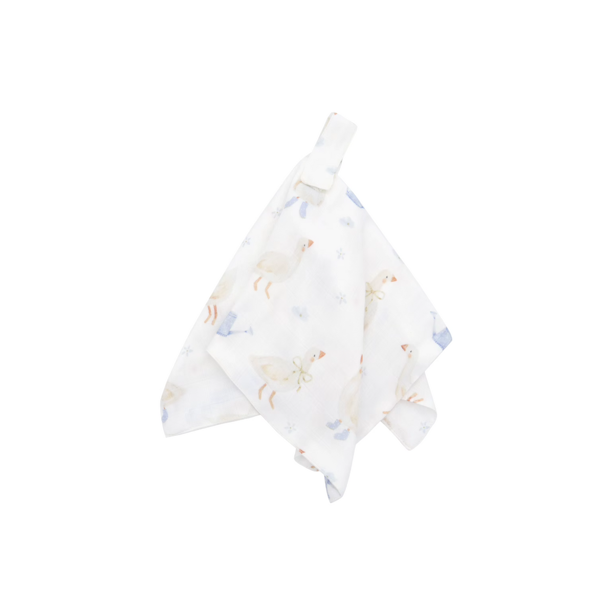Bubbadue dummy clip on muslin soother blanket with a cute goosey-gander design, soft and lightweight for babies.