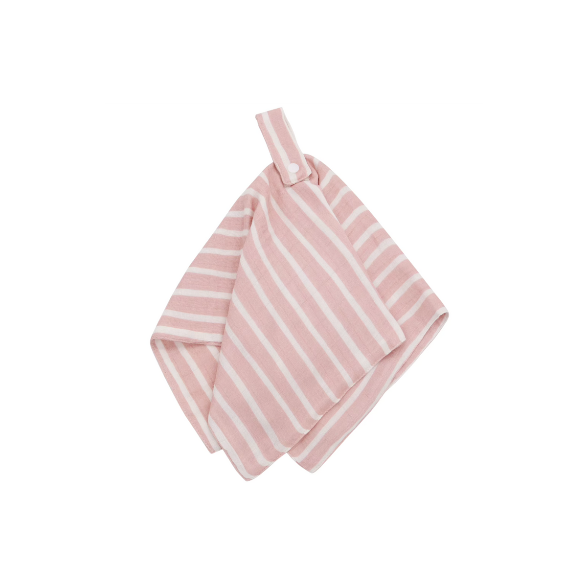 Pink striped muslin soother dummy clip by Bubbadue, made of soft fabric, designed to attach and prevent lost pacifiers.