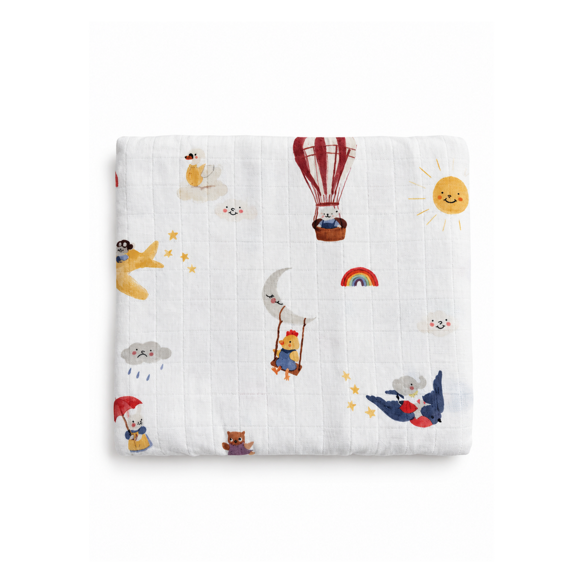 Soft Bubbadue Up and Away baby muslin blanket with colorful airplane and cloud print, lightweight and breathable for infants.