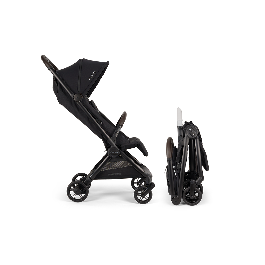 Nuna VIAA cabn Cabin Stroller in Caviar, side profile folded view