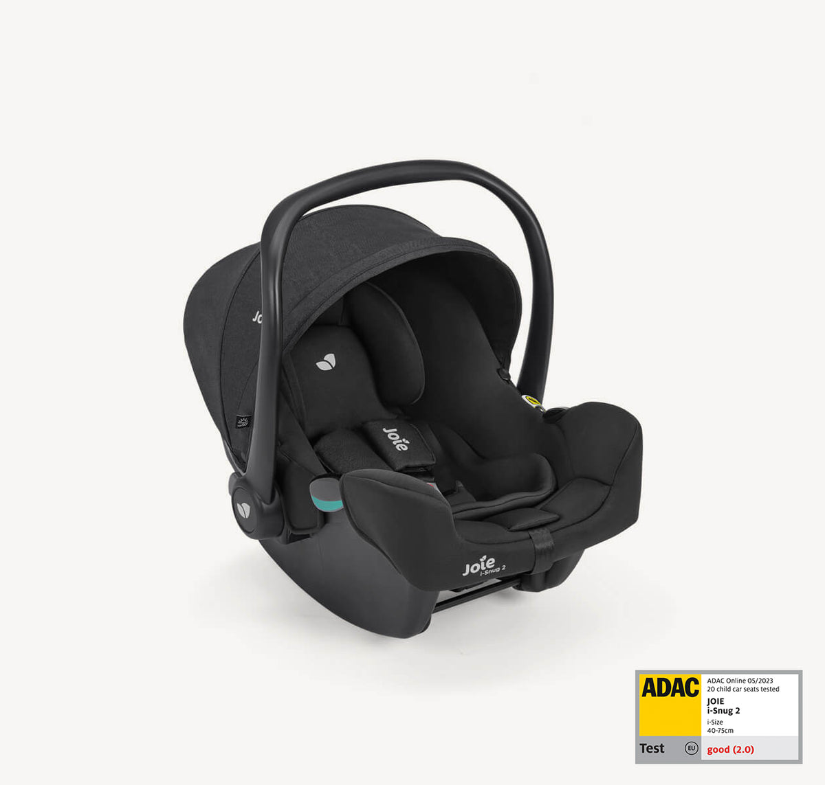 Joie i-Snug 2 i-Size infant car seat in Raven color, showing right-side angle with safety features and fabric details