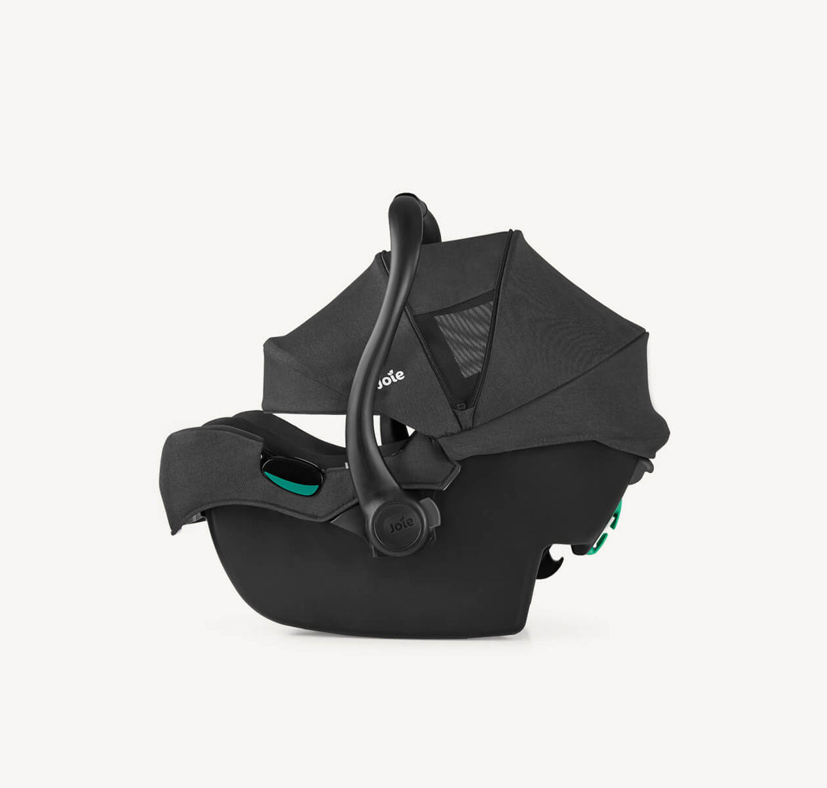 Joie i-Gemm 3 i-Size infant car seat in Raven, side profile view with canopy and secure harness system.