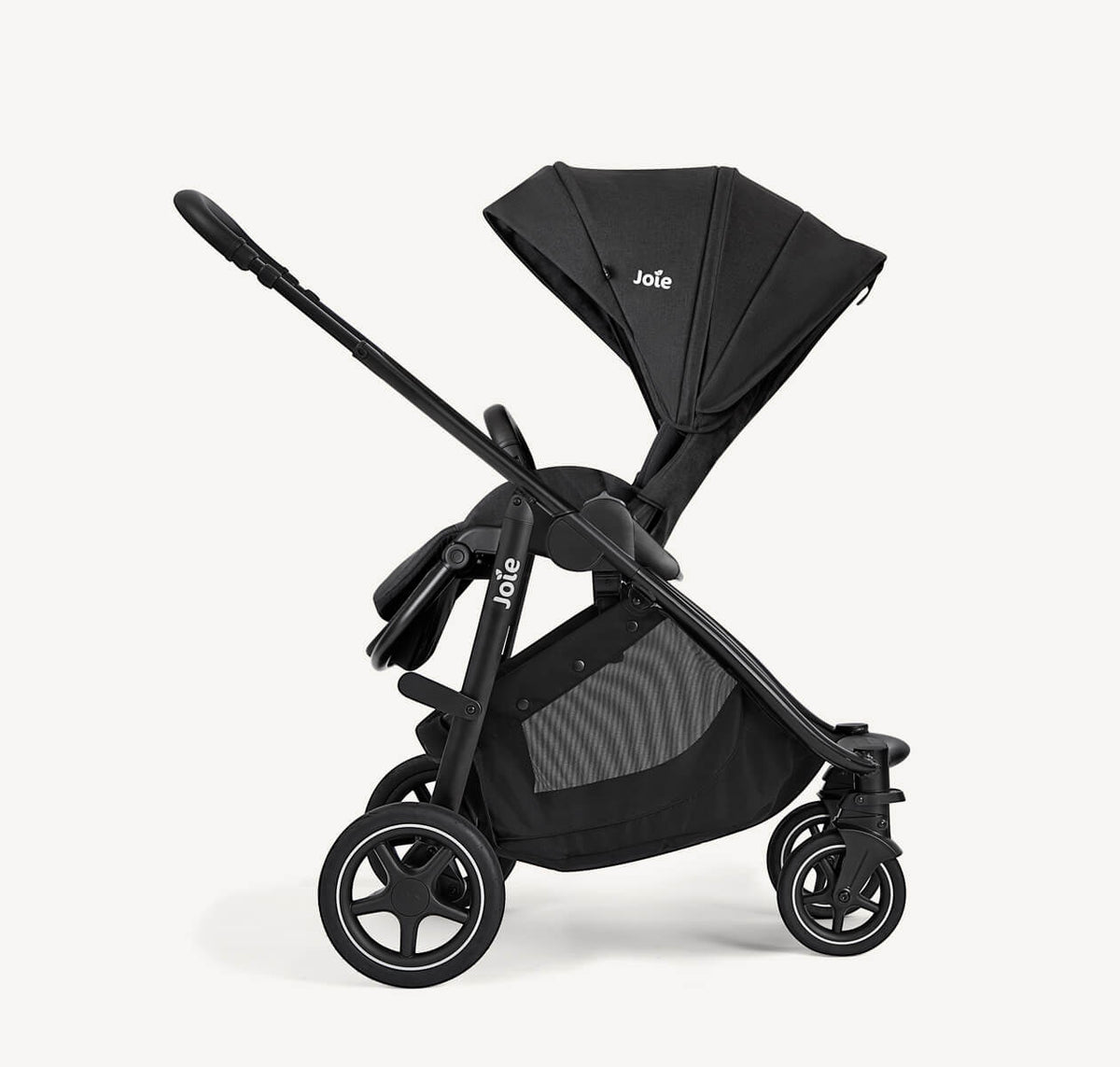Joie Versatrax travel system with i-Gemm 3 infant car seat, right profile view in Raven color, showcasing pushchair and car seat.