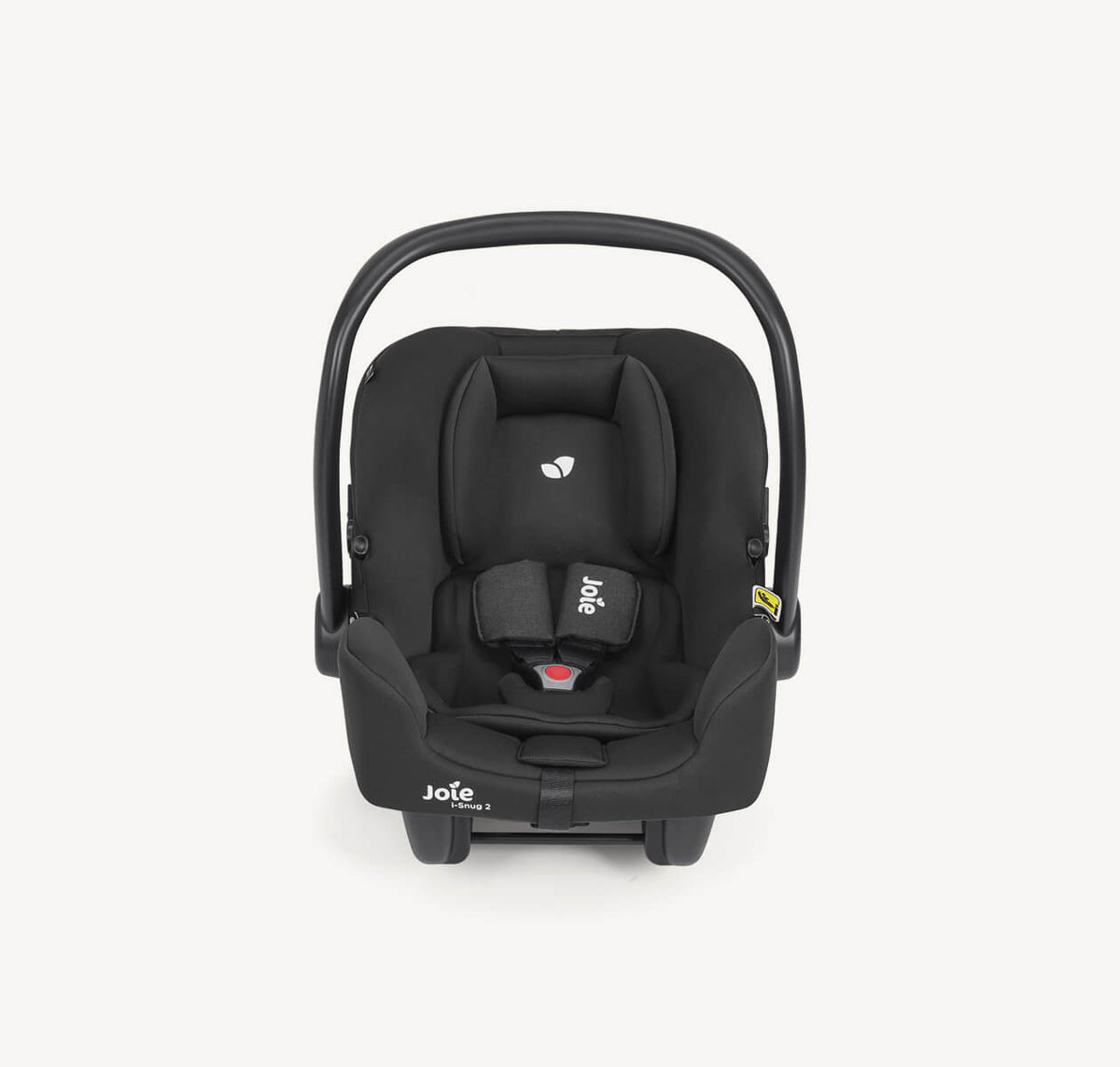 Joie i-Snug 2 i-Size infant car seat in Raven color with adjustable handle and safety padding, designed for newborns.