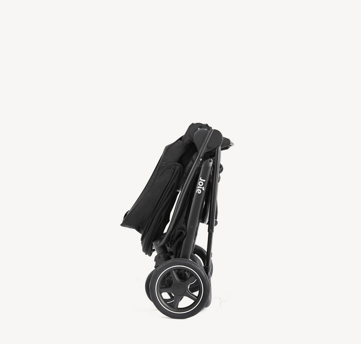 Joie Versatrax travel system with folded stroller and i-Gemm 3 car seat in Raven, compact and versatile for travel and everyday use.