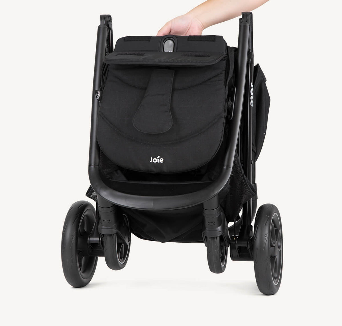 Joie Litetrax Travel System with i-Snug 2 stroller in Shale, folded for carry, showing its compact and portable design.