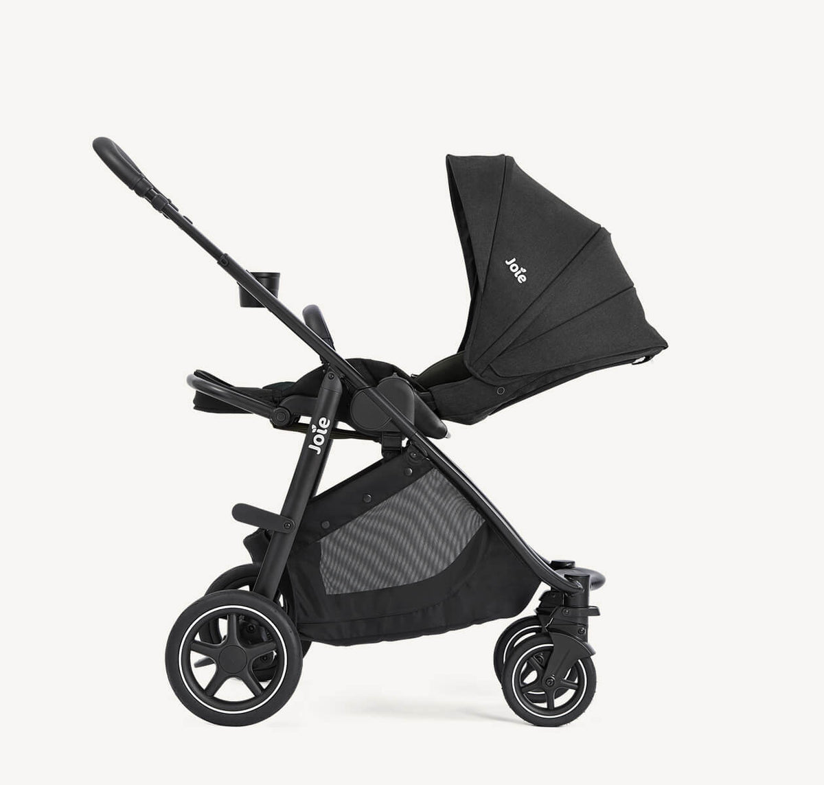 Joie Versatrax travel system with i-Gemm 3 in Raven, showing the right profile of the parent-facing, reclined stroller and car seat.