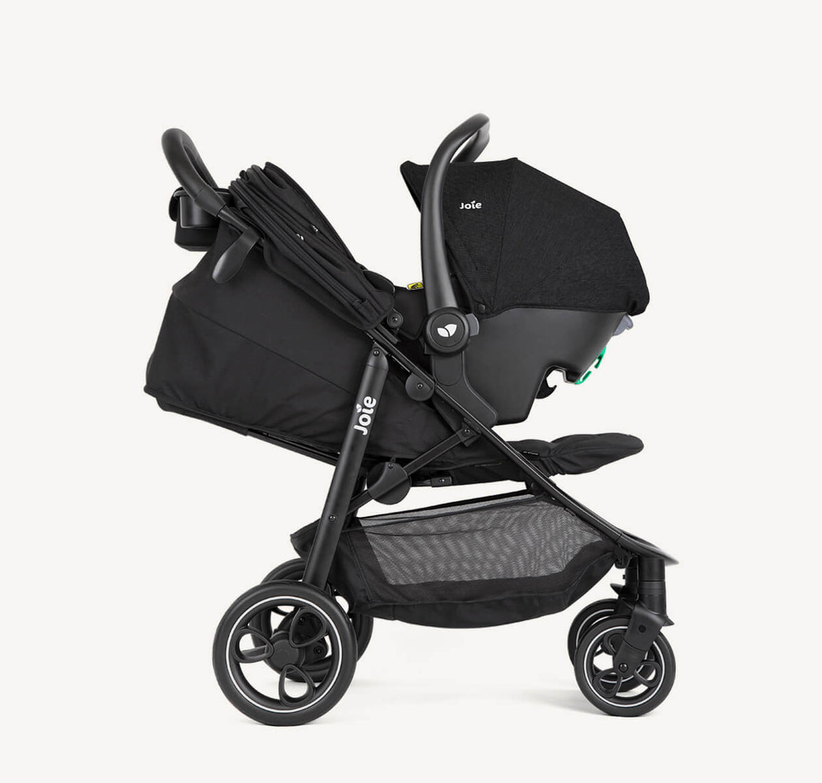 Joie Litetrax travel system with i-Snug 2 infant car seat in shale, stroller and car seat shown in profile view.