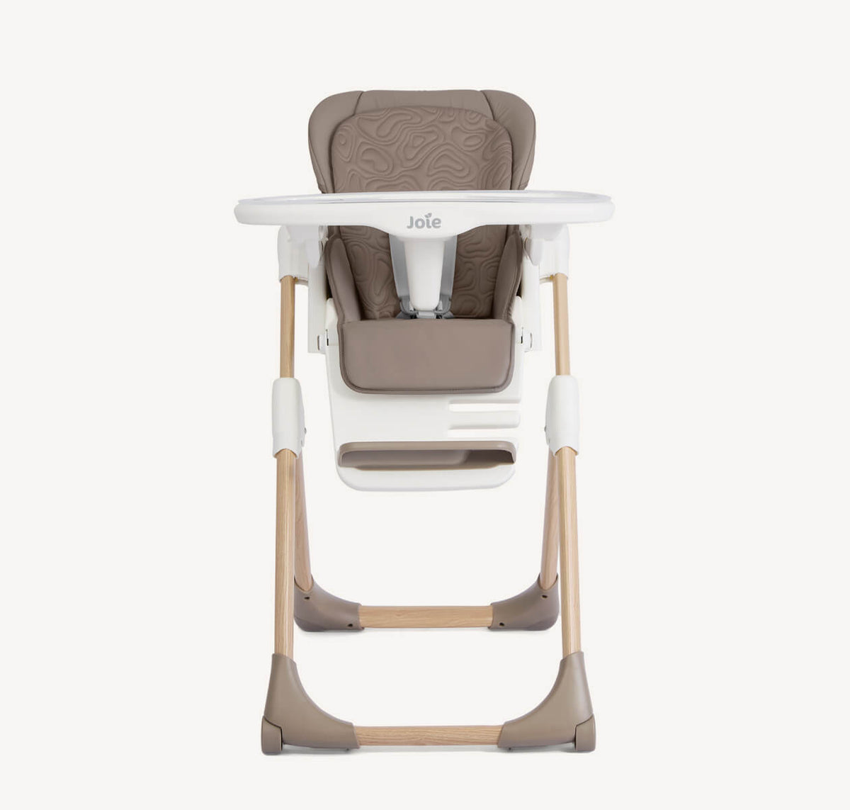 Joie Mimzy Recline From-Birth High Chair in Strata Acorn Wood with adjustable recline and sturdy wooden frame.