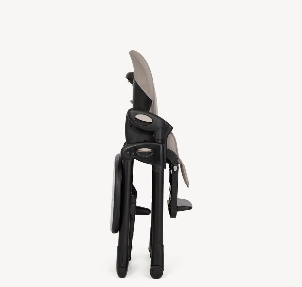 Joie Mimzy Recline From-Birth High Chair in Hazelnut, folded for compact storage, featuring a comfortable recline for infants.