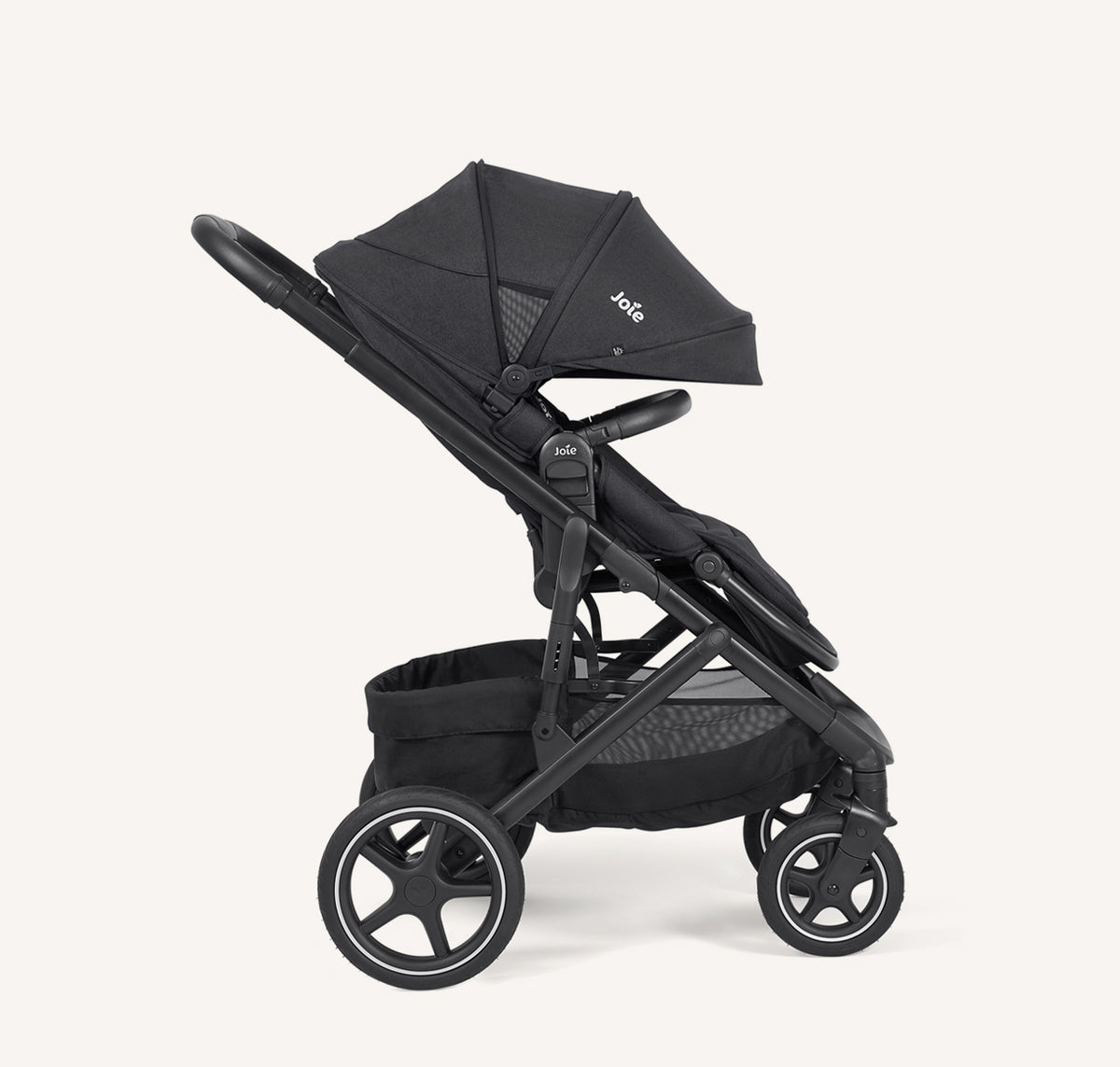 Joie Elara All-Suspension Pram stroller with black Raven canopy and seat, featuring adjustable handlebar and durable wheels.