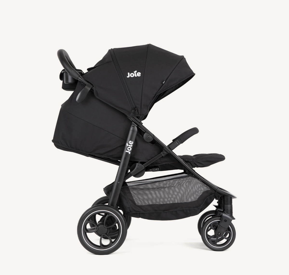 Joie Litetrax travel system with i-Snug 2 infant car seat in shale, showing stroller profile with reclined seat and sturdy wheels.