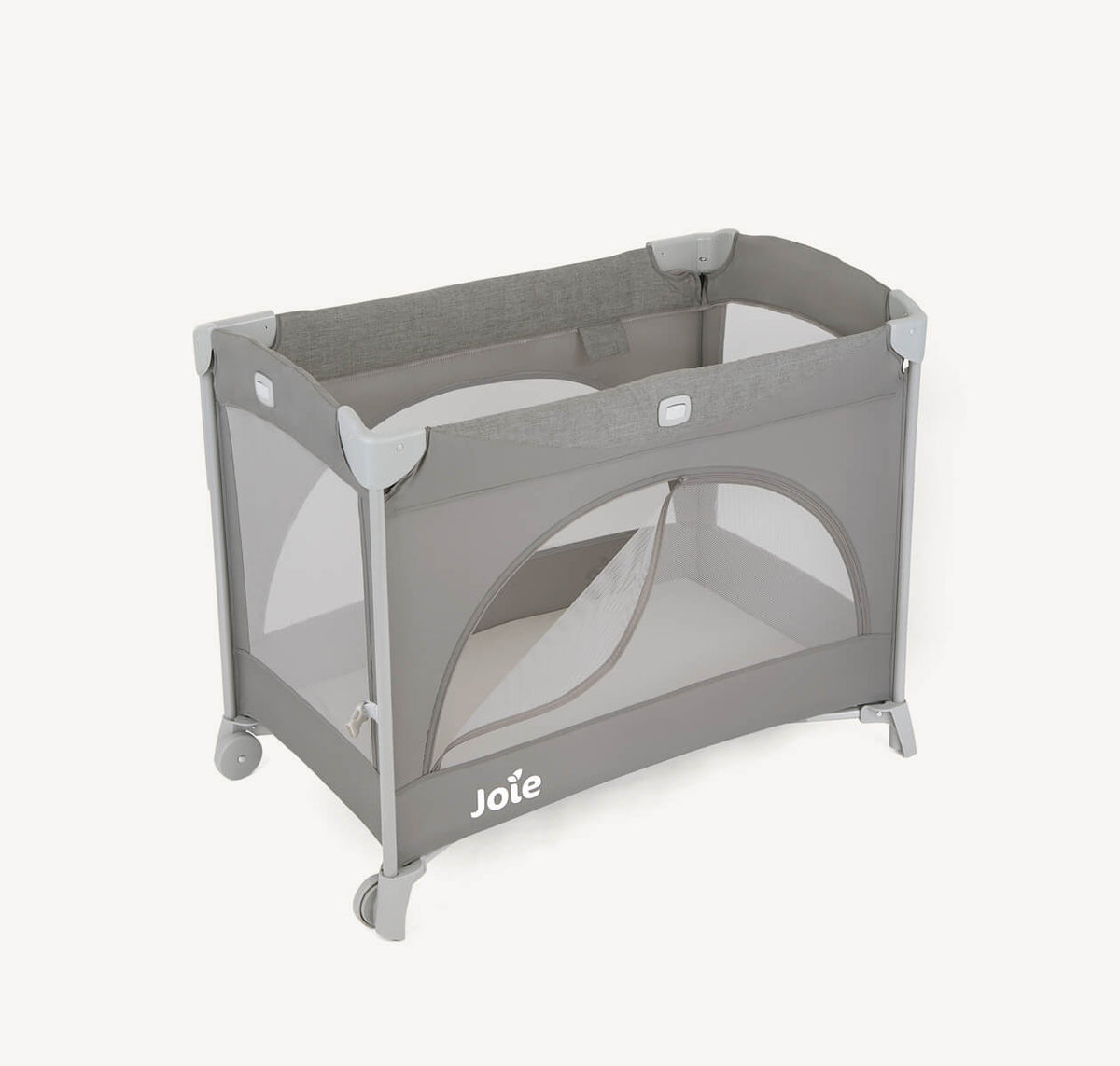 Joie Kubbie Sleep bedside crib and travel cot in foggy grey, showing a compact, foldable travel cot with an open zipper side.