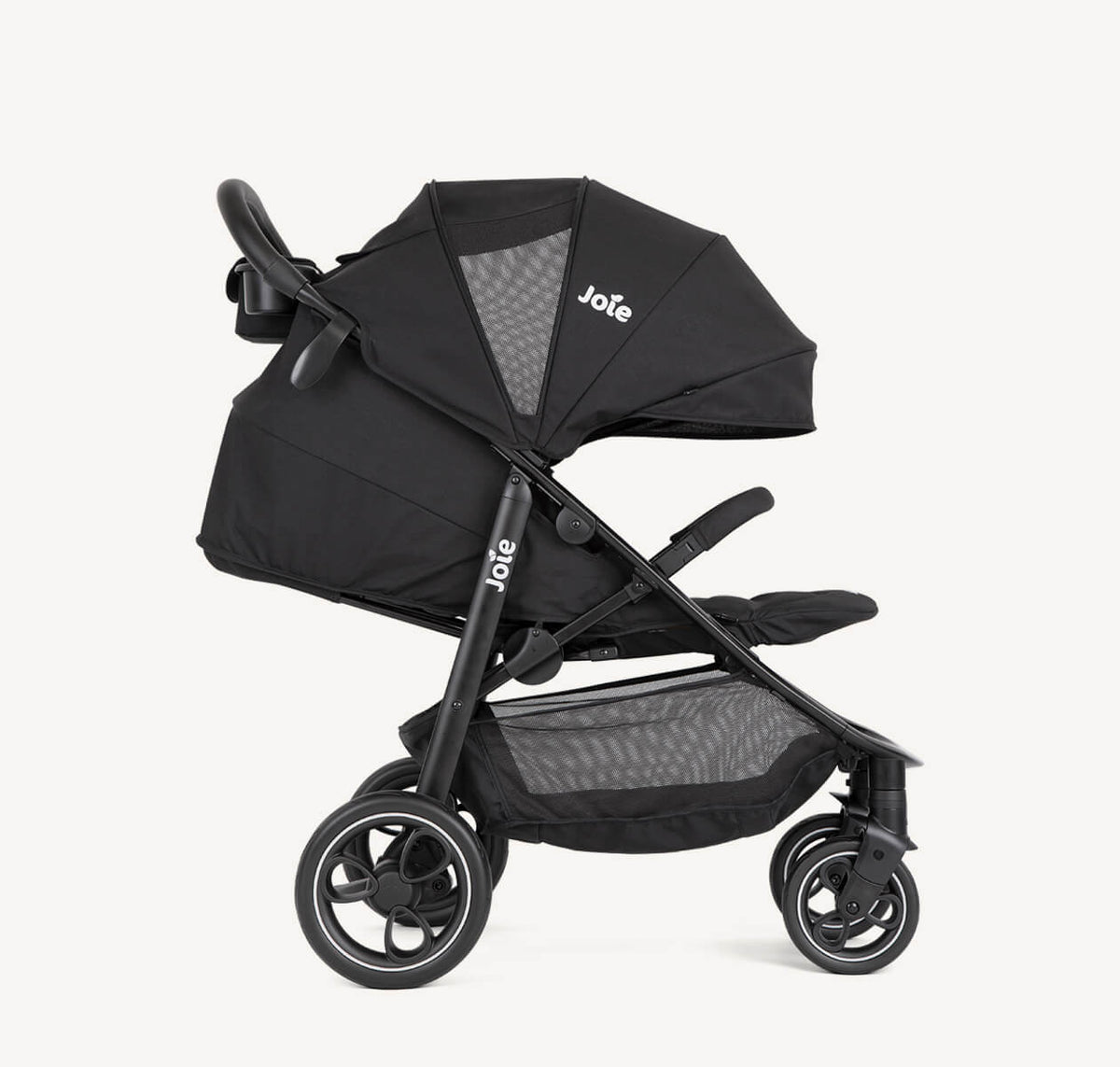 Joie Litetrax Travel System with i-Snug 2 stroller in shale, featuring canopy, reclining seat, and sturdy frame for convenient travel.
