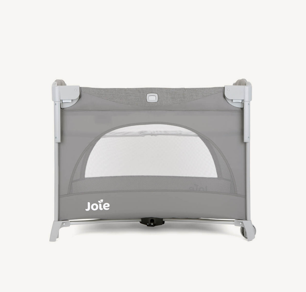 Joie Kubbie Sleep bedside crib and travel cot in foggy grey, compact design suitable for travel and nursery use.