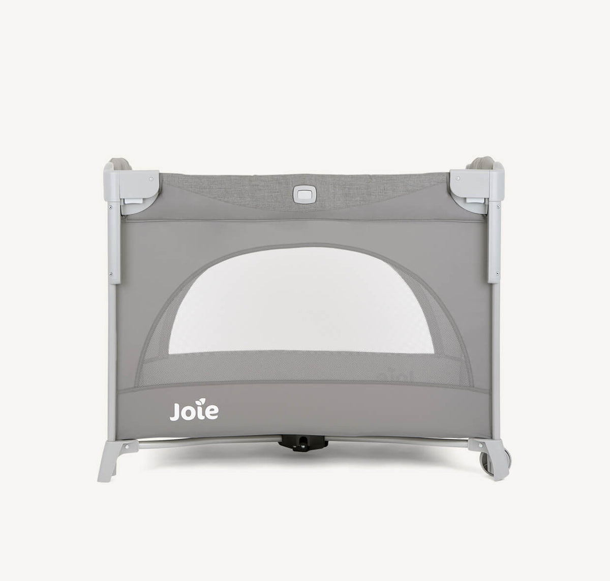 Joie Kubbie Sleep bedside crib and travel cot in foggy grey, with soft fabric and sturdy frame, suitable for infants and portable use