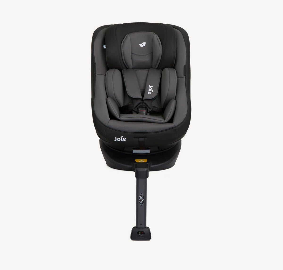 Joie Spin 360 Ember car seat with rotating base and padded fabric, designed for easy rear and forward-facing installation.