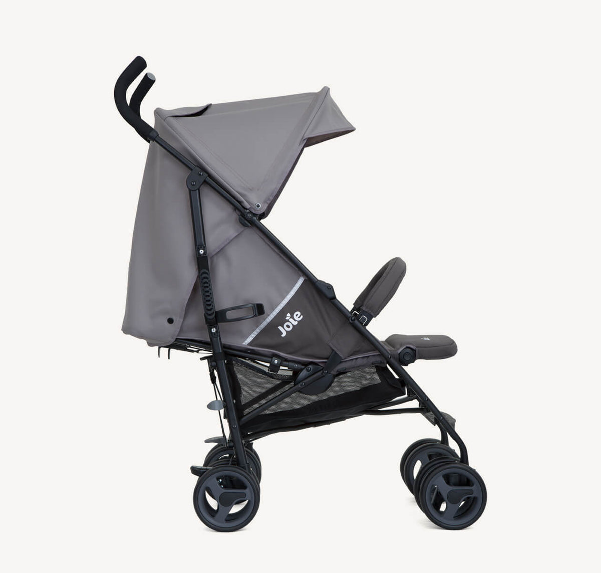 Joie Nitro LX lightweight umbrella stroller in dark pewter, shown in right profile with reclined seat and compact design.