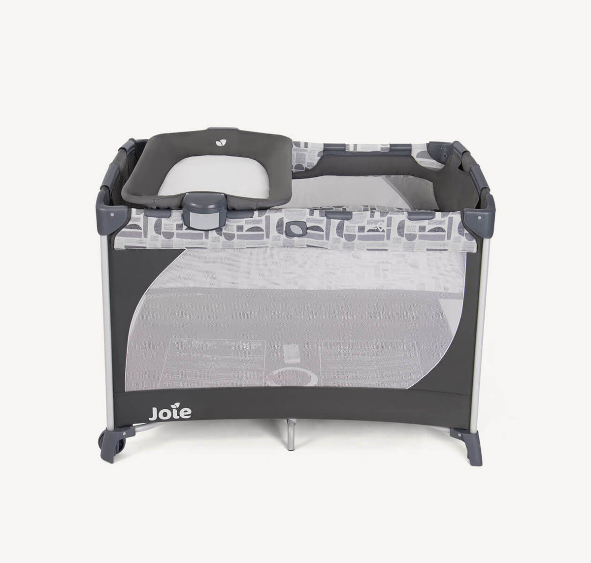 Joie Commuter Change Travel Cot Logan, portable baby travel cot with changing station and storage, in a neutral color.