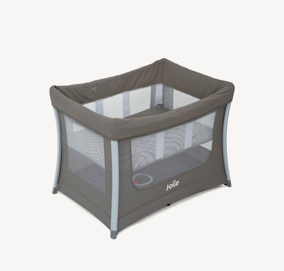 Joie Illusion Travel Cot in Nickel, showing a compact travel cot with a bassinet attachment, right-angle design, and sturdy frame.