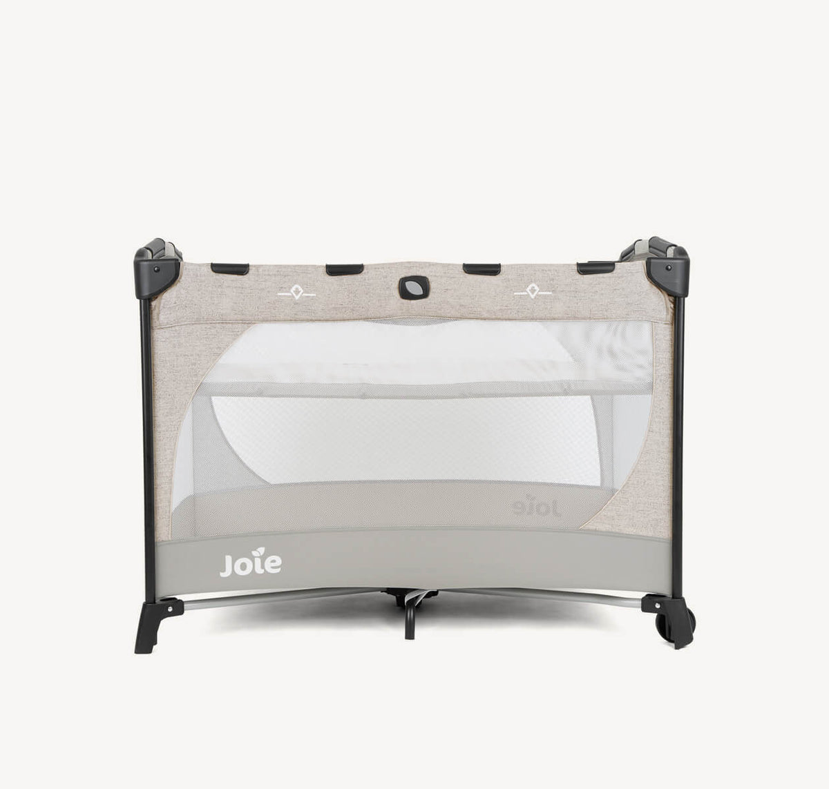 Joie Commuter Change Travel Cot in speckled fabric, portable crib with mesh sides for easy travel and comfortable changing surface.