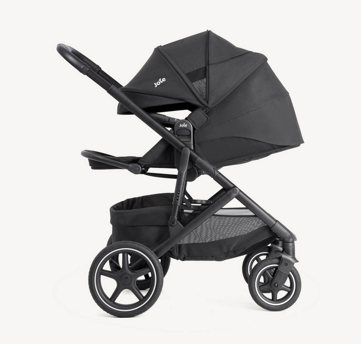 Joie Elara all-suspension stroller in Raven, parent-facing design with extended canopy, suitable for comfortable daily walks.
