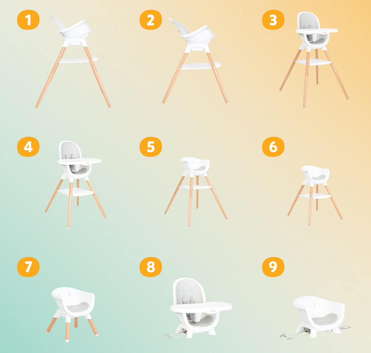 Joie Chestnut high chair in mocha with adjustable tray and padded seat for feeding and seating young children.
