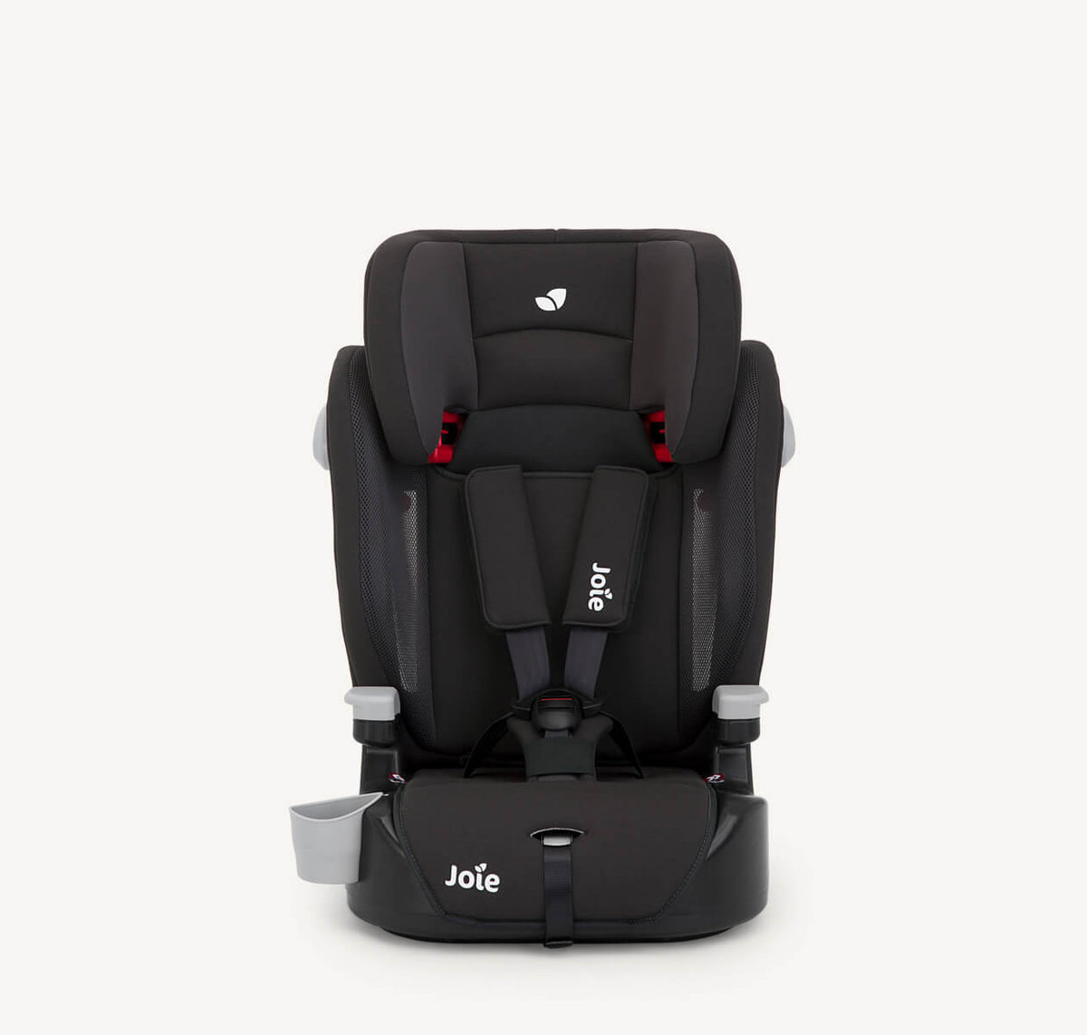 Joie Elevate toddler booster car seat in two-tone black with harness, designed for safety and comfort.