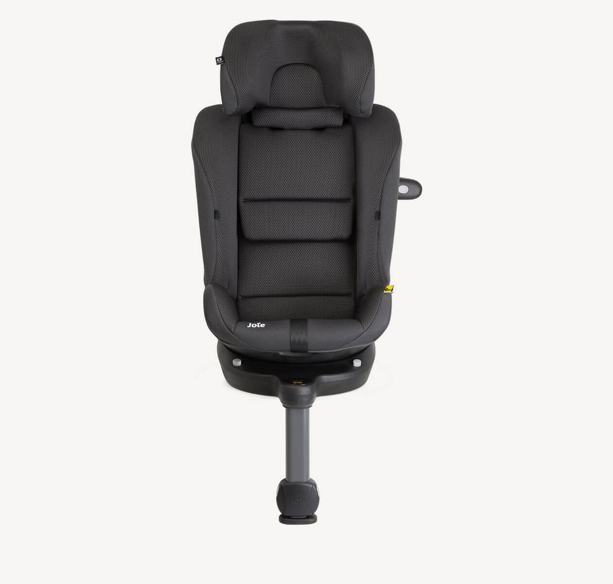 Joie i-Spin 360 Max spinning car seat with canopy in Mercury Mesh, featuring adjustable headrest and safety harness for children.