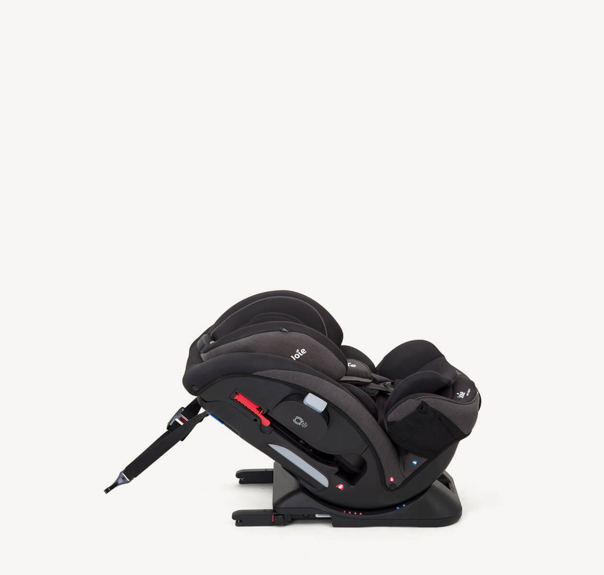Joie Every Stage FX ISOFIX car seat in coal, right profile view, reclined, designed for toddlers and children.