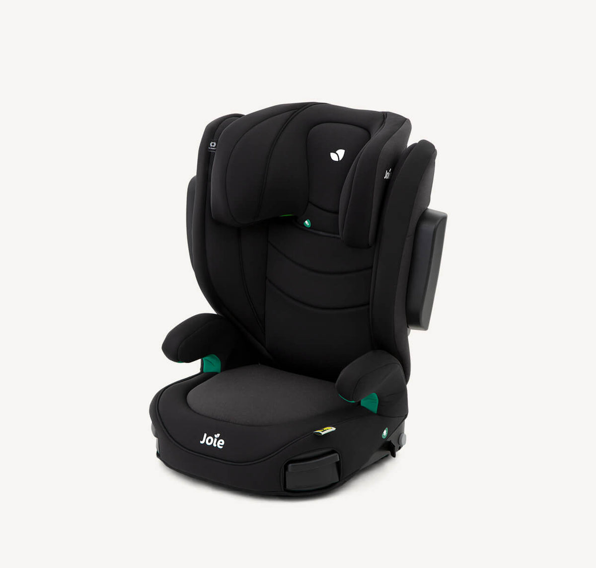 Joie i-Trillo i-Size booster car seat in Shale, viewed from the left angle, with padded seat and adjustable harness for child safety.