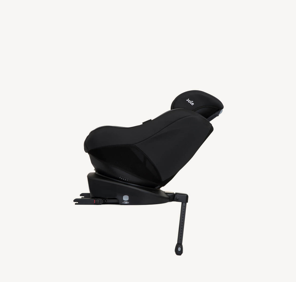 Joie Spin 360 Ember car seat with rear-facing recline, adjustable headrest, and 360-degree spinning feature for child safety.