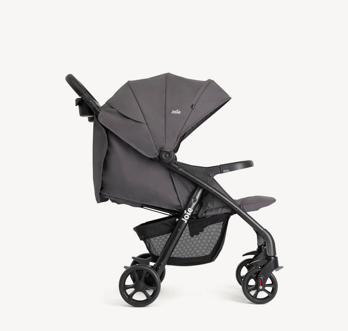 Joie Muze LX Travel System in Thunder, right profile view showing stroller with reclined seat and sturdy frame.