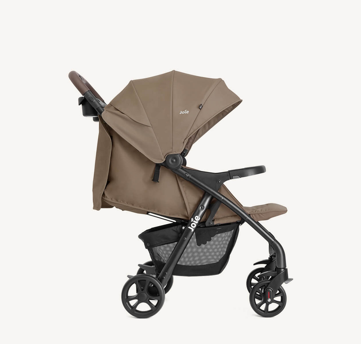 Joie Muze LX Travel System in Toffee, stroller with reclining seat, right profile view, showcasing versatile travel convenience.