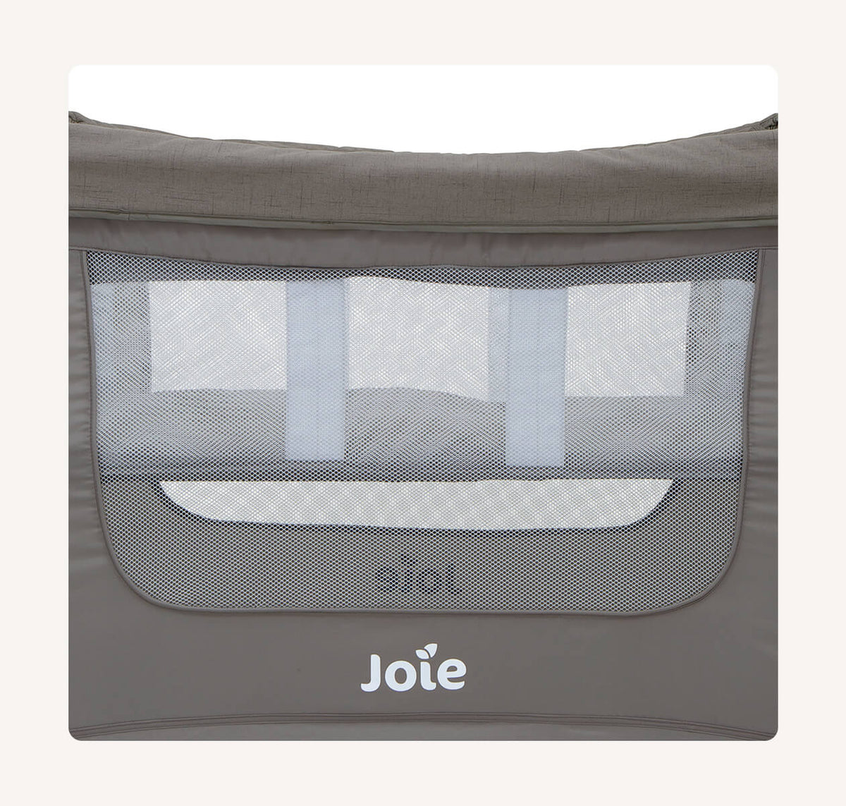 Joie Illusion Travel Cot in Nickel with foldable bassinet and mesh sides, lightweight portable design for travel and nap times.
