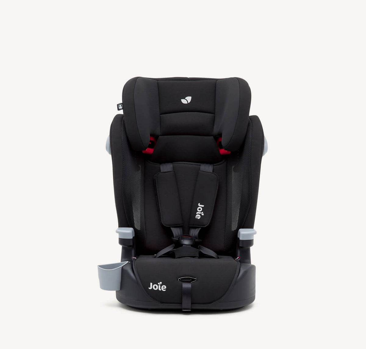 Joie Elevate toddler to booster car seat in two-tone black with dark pewter fabric, featuring adjustable headrest and safety harness.