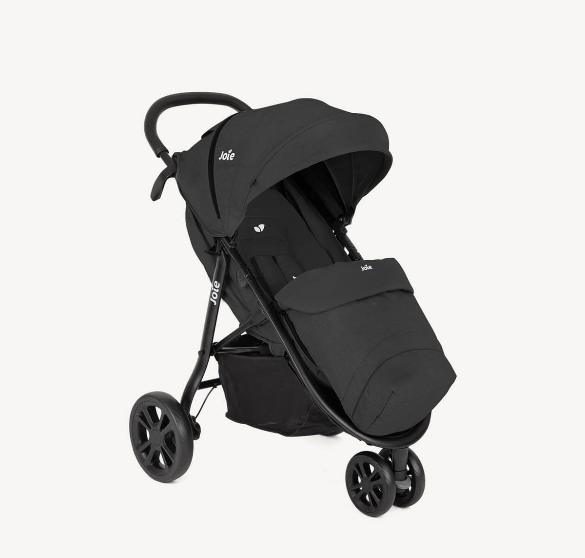 Joie Litetrax 3 Travel System with i-Snug 2 infant car seat in coal color, featuring a stroller with footmuff attachment.