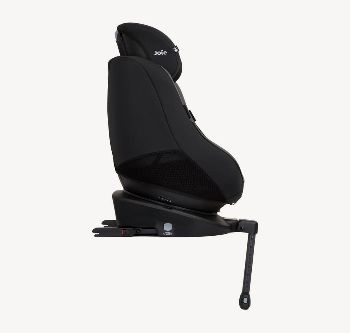 Joie Spin 360 Ember car seat in right profile view, showcasing its adjustable headrest and sturdy safety features.