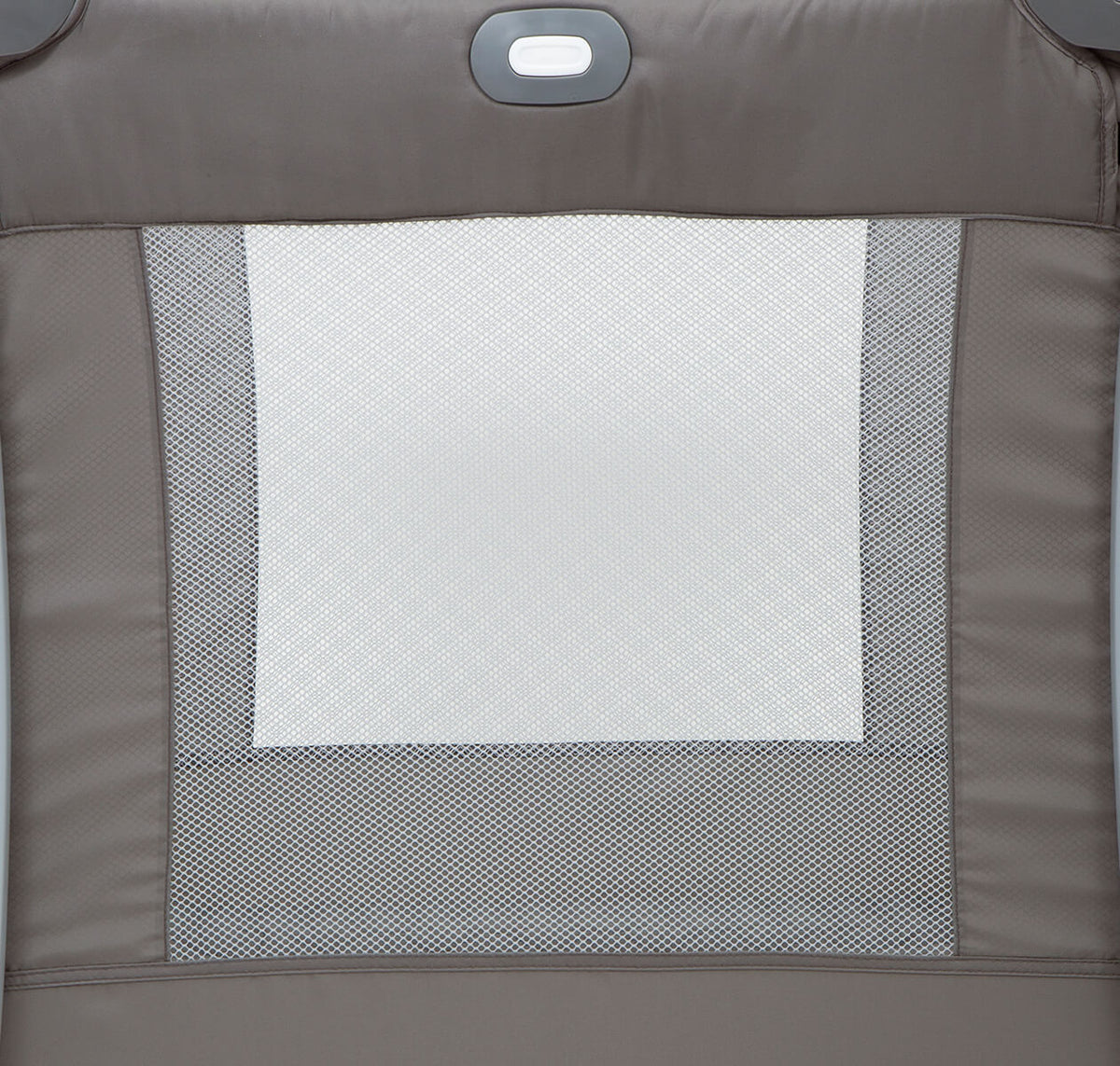 Joie Illusion travel cot in nickel finish, side profile view showing compact design and sturdy frame for portable use.