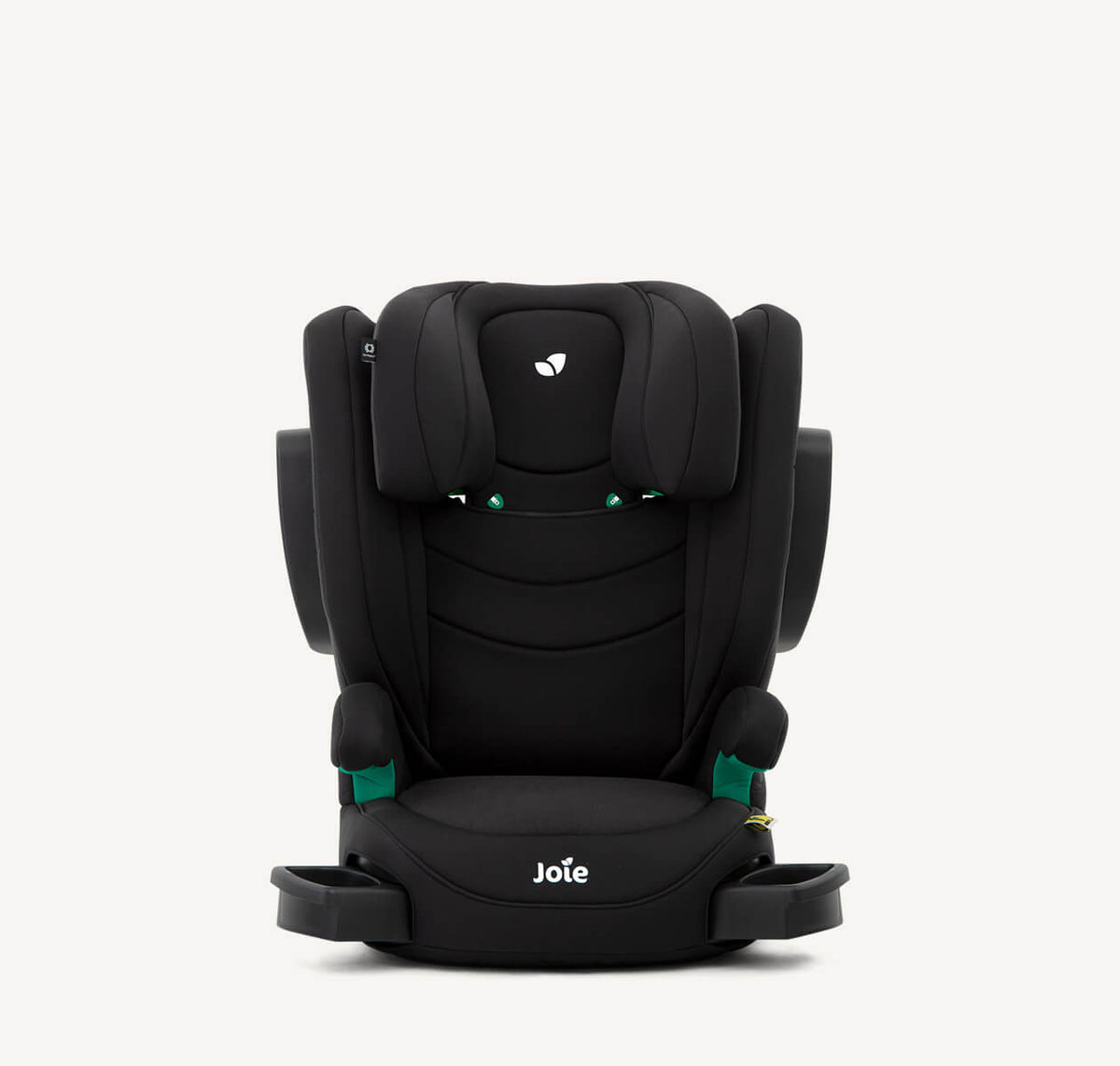 Joie i-Trillo i-Size booster car seat in Shale with cupholder, featuring padded seat and adjustable harness for child safety.
